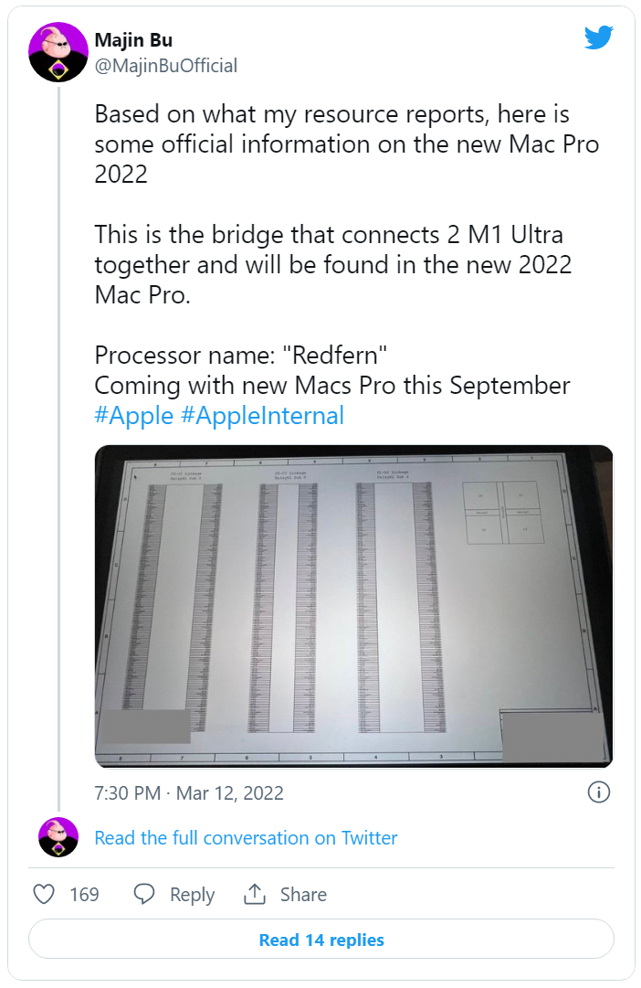 tweet - Mac Pro 2022 می تواند از دو M1 Ultra Fused با هم برای ساخت یک سیلیکون واحد استفاده کند